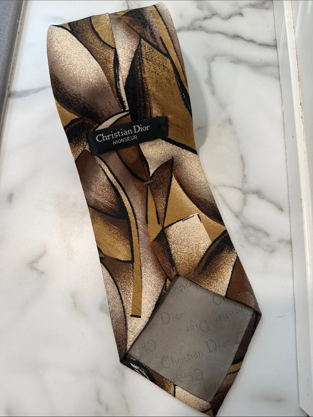 Dior Abstract Brown & Gold Silk Tie